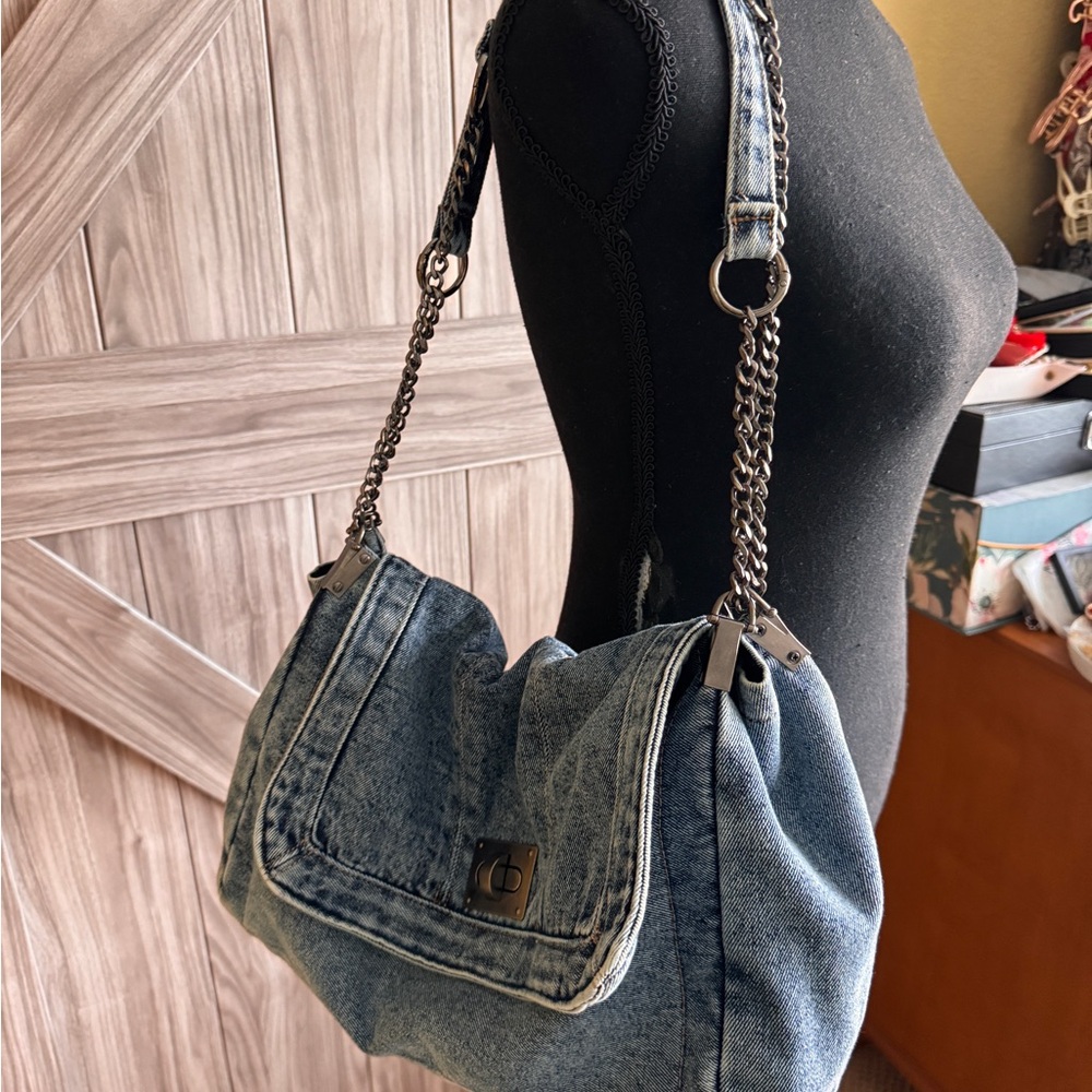 Denim Shoulder Bag with Chain Strap